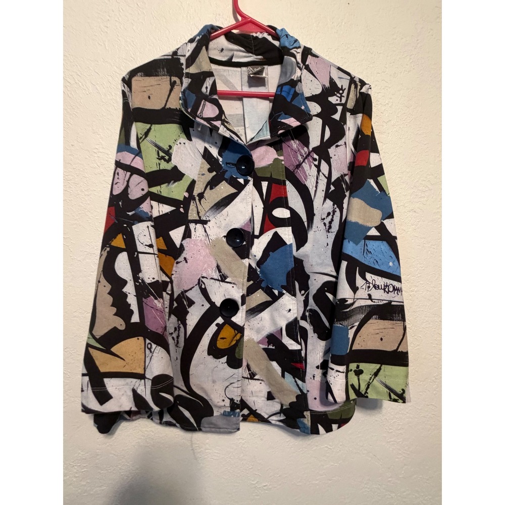 Simply Art by Dolcezza Abstract Graffiti Print Button Up Jacket Multi Color L